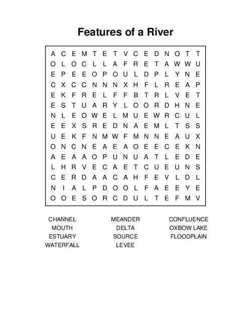Features of a River Word Search Puzzle