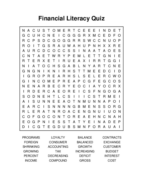 Financial Literacy Quiz Word Search Puzzle
