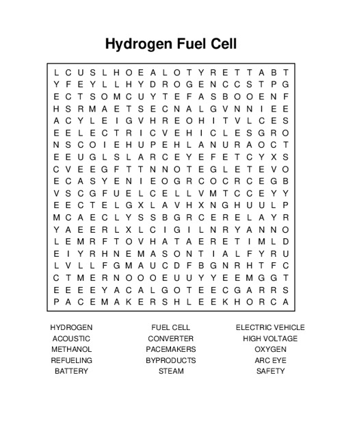 Hydrogen Fuel Cell Word Search Puzzle