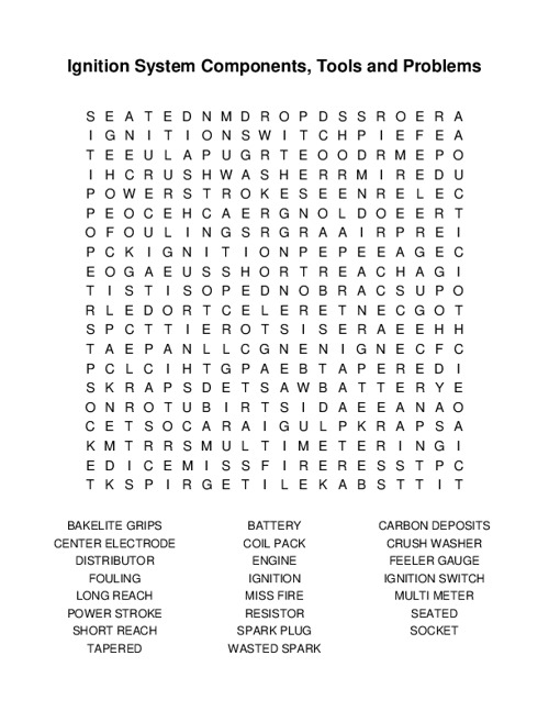 Ignition System Components, Tools and Problems Word Search Puzzle