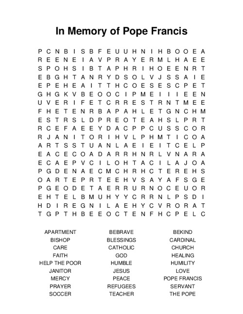 In Memory of Pope Francis Word Search Puzzle