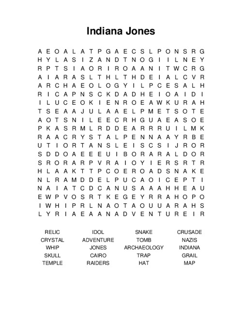 Indiana Jones Word Search Puzzle