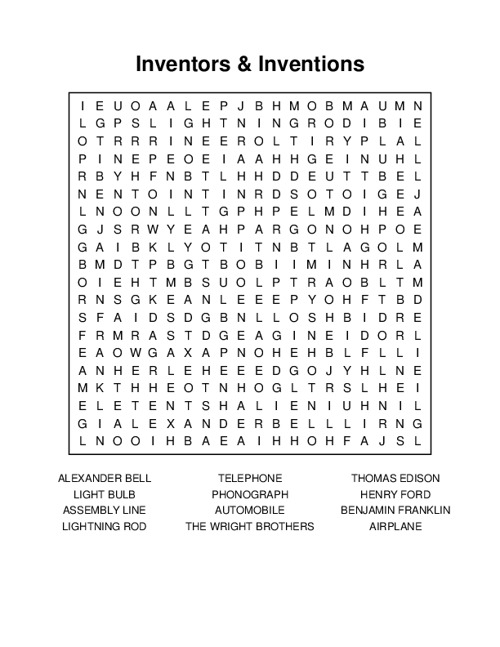 Inventors & Inventions Word Search Puzzle