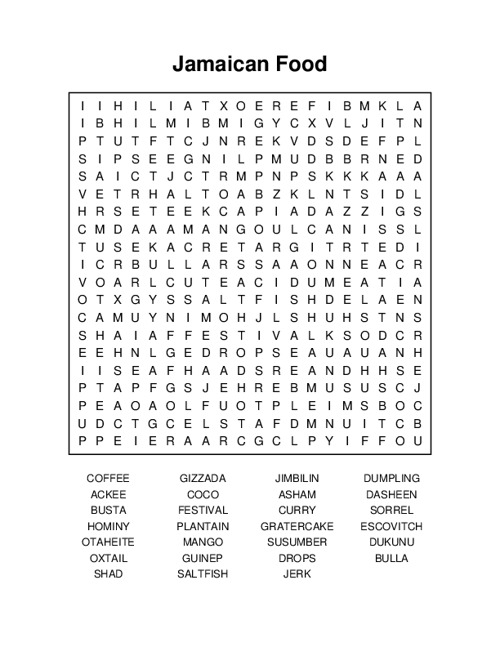 Jamaican Food Word Search Puzzle