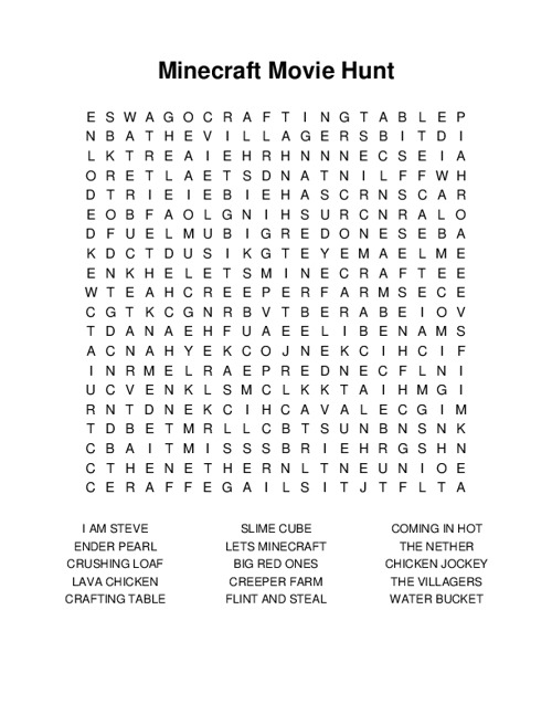 Minecraft Movie Hunt Word Search Puzzle