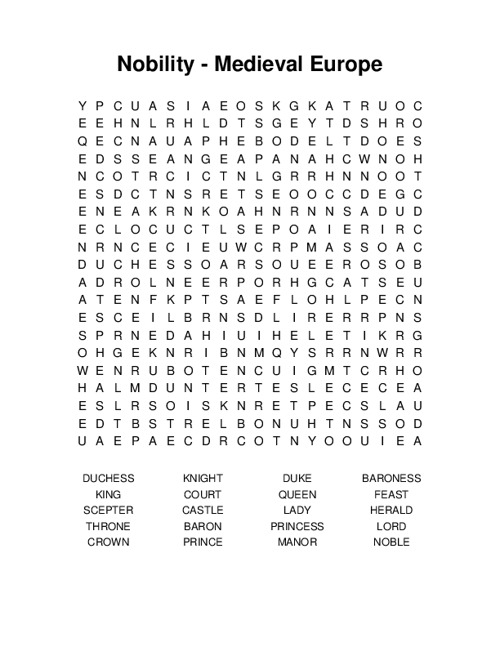 Nobility - Medieval Europe Word Search Puzzle