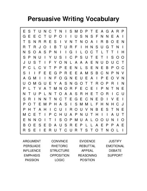 Persuasive Writing Vocabulary Word Search Puzzle