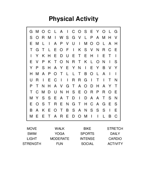 Physical Activity Word Search Puzzle