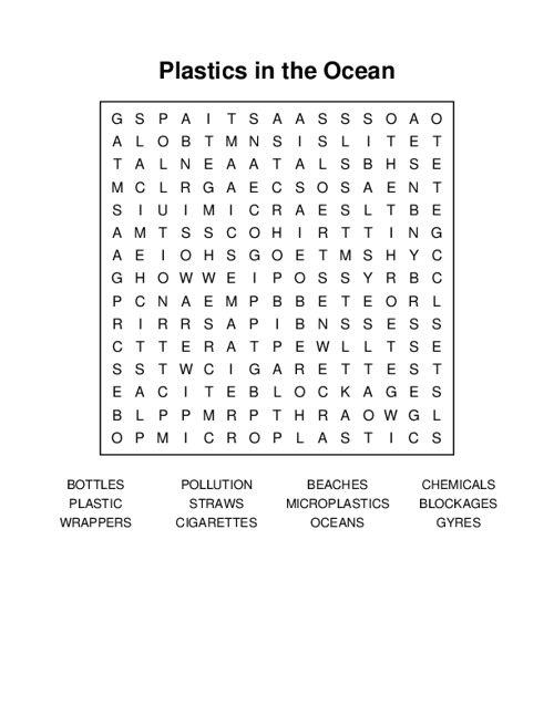 Plastics in the Ocean Word Search Puzzle