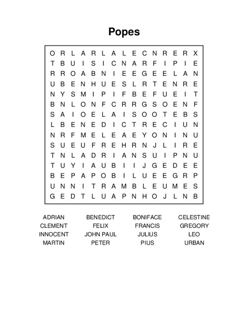 Popes Word Search Puzzle