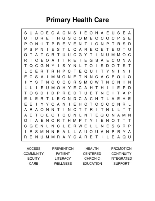 Primary Health Care Word Search Puzzle