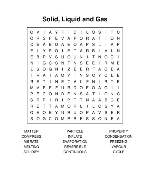 Solid, Liquid and Gas Word Search Puzzle