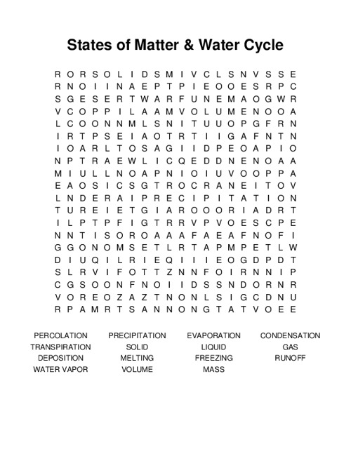 States of Matter & Water Cycle Word Search Puzzle