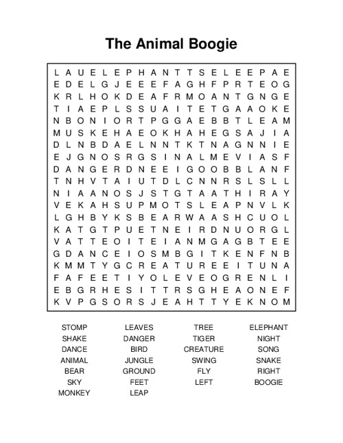 The Animal Boogie Word Search Puzzle