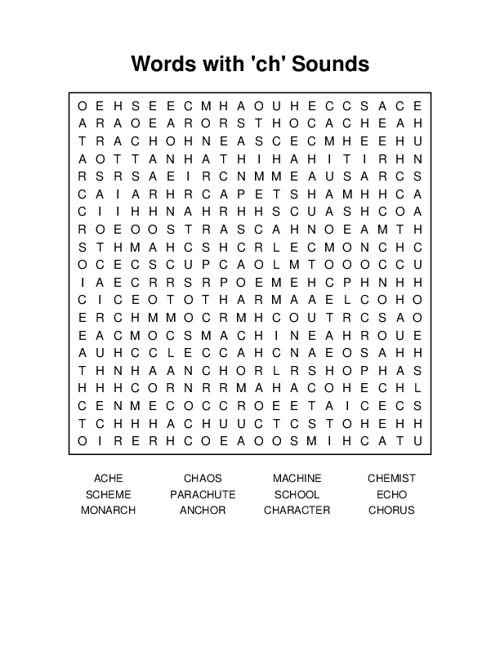 Words with ch Sounds Word Search Puzzle