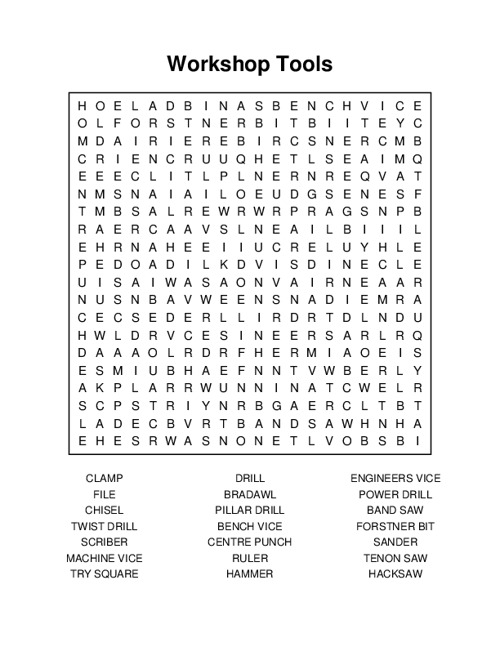 Workshop Tools Word Search Puzzle