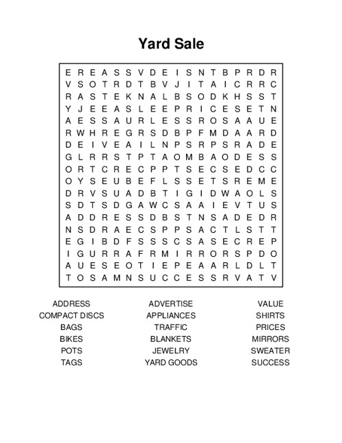 Yard Sale Word Search Puzzle