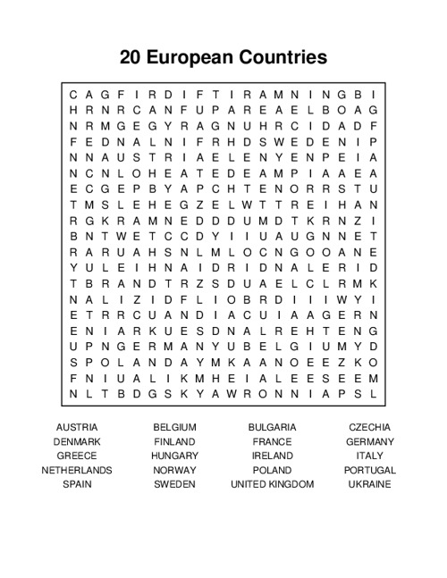 20 European Countries Word Search Puzzle