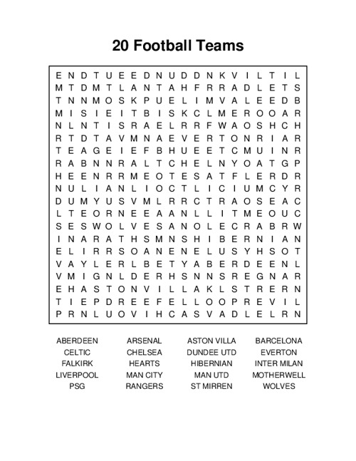 20 Football Teams Word Search Puzzle