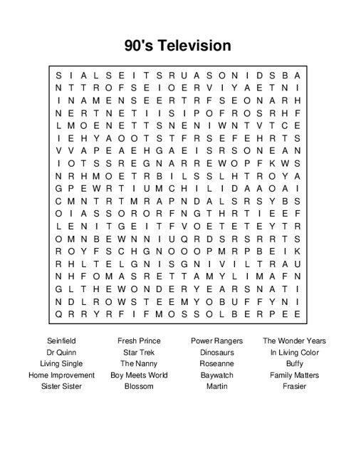 90s Television Word Search Puzzle