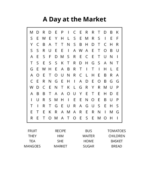 A Day at the Market Word Search Puzzle