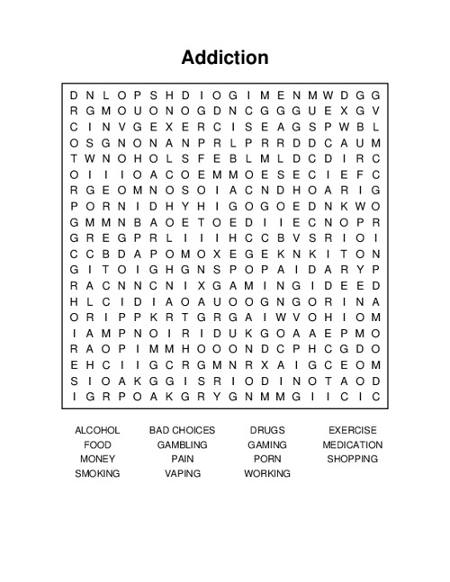 Addiction Word Search Puzzle