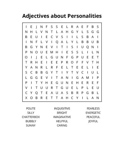 Adjectives about Personalities Word Search Puzzle
