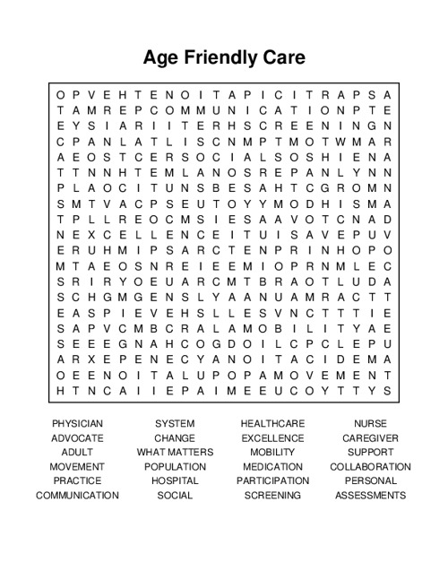 Age Friendly Care Word Search Puzzle