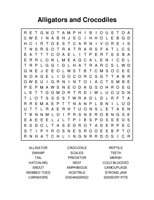 Alligators and Crocodiles Word Search Puzzle