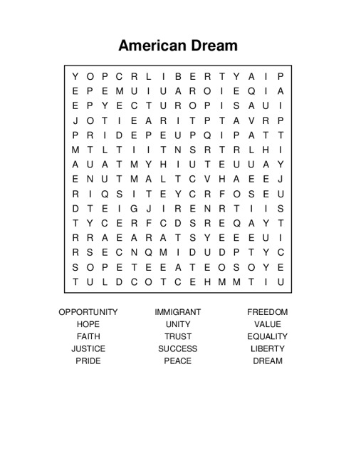 American Dream Word Search Puzzle