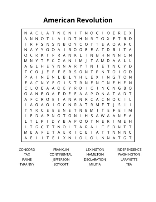 American Revolution Word Search Puzzle