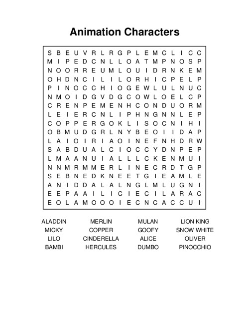 Animation Characters Word Search Puzzle