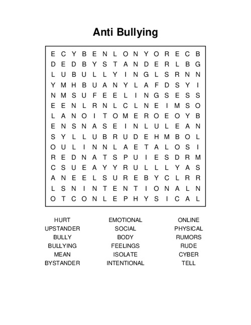 Anti Bullying Word Search Puzzle