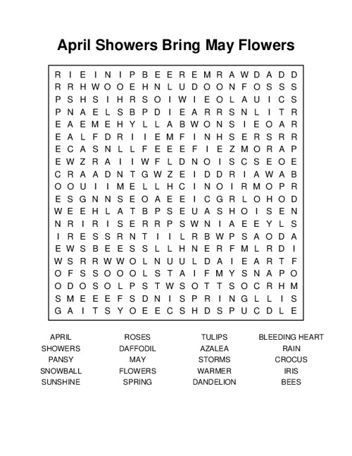 April Showers Bring May Flowers Word Search Puzzle