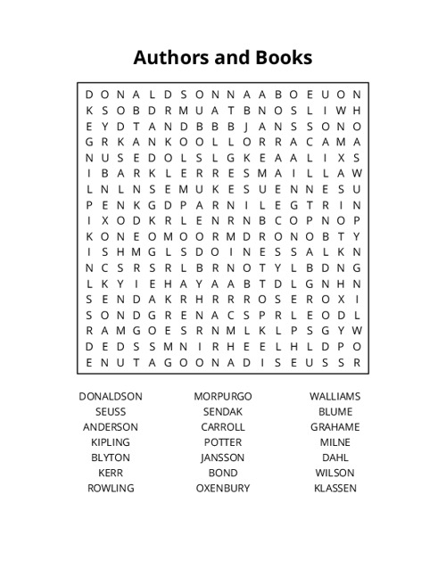 Authors and Books Word Search Puzzle