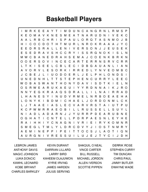 Basketball Players Word Search Puzzle