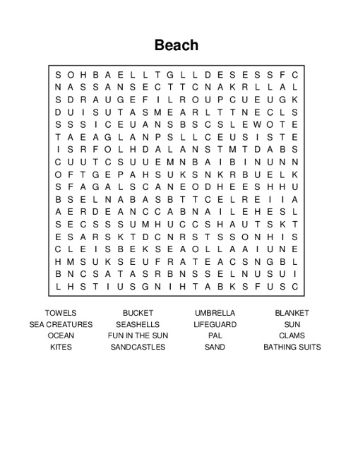 Beach Word Search Puzzle