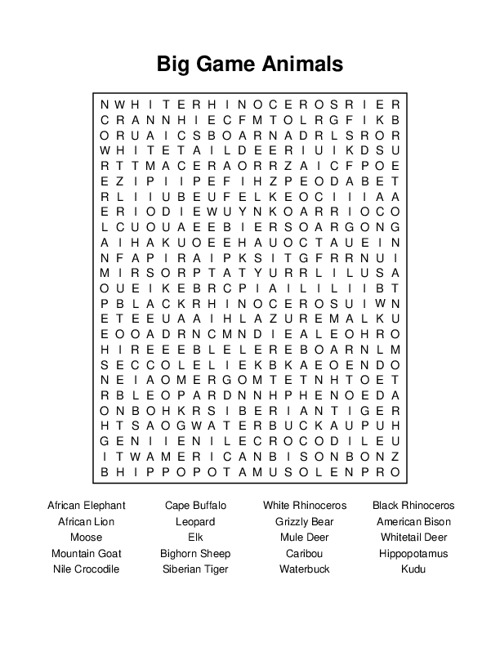 Big Game Animals Word Search Puzzle