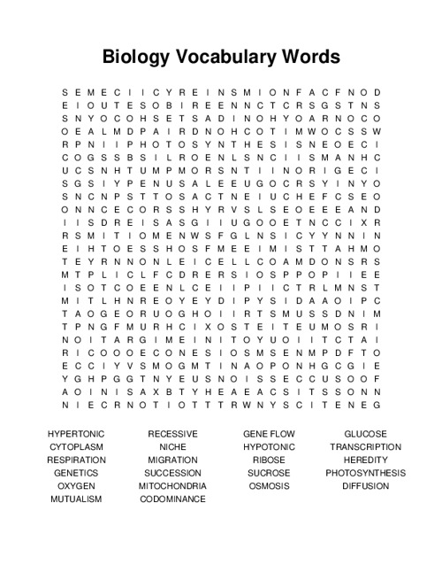 Biology Vocabulary Words Word Search Puzzle