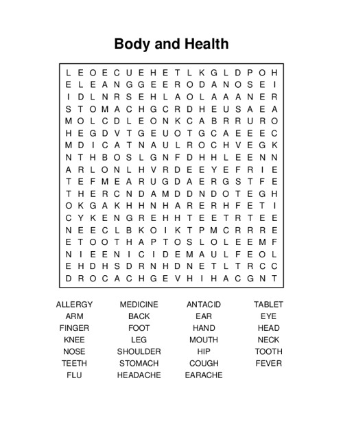 Body and Health Word Search Puzzle