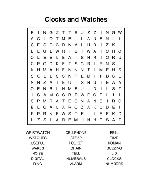 Clocks and Watches Word Search Puzzle