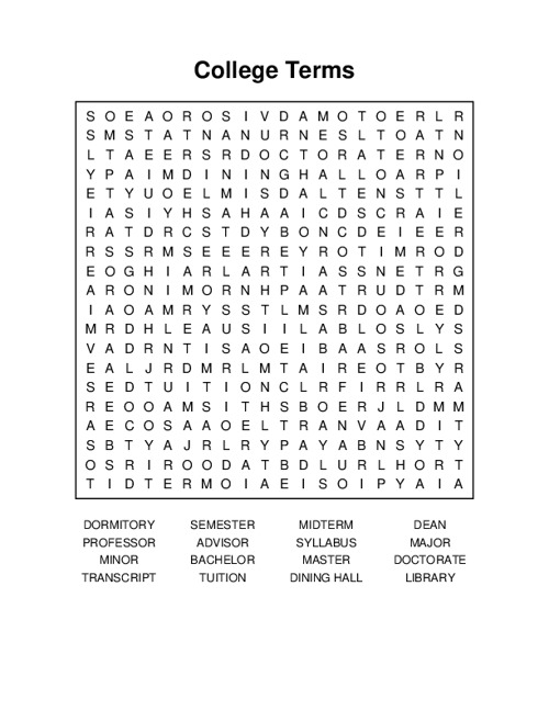College Terms Word Search Puzzle