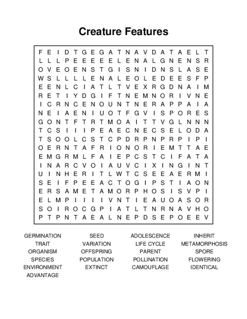 Creature Features Word Search Puzzle