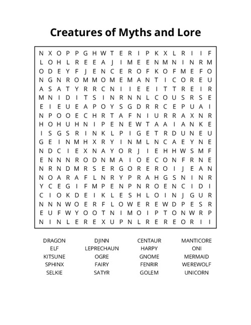 Creatures of Myths and Lore Word Search Puzzle