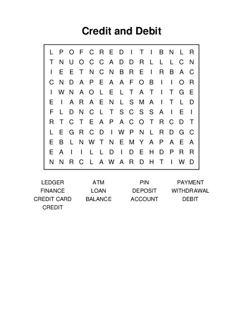 Credit and Debit Word Search Puzzle