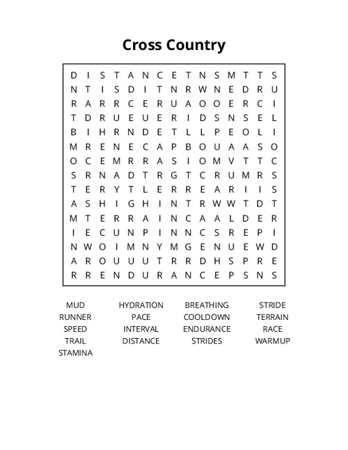 Cross Country Word Search Puzzle