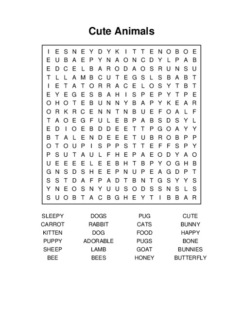 Cute Animals Word Search Puzzle