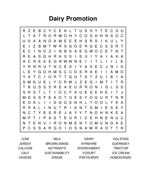Dairy Promotion Word Search Puzzle