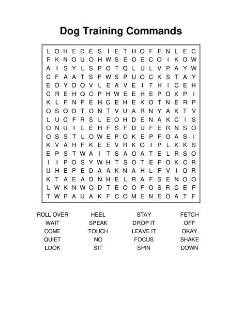 Dog Training Commands Word Search Puzzle