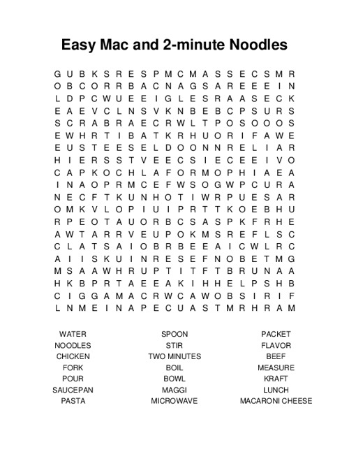 Easy Mac and 2-minute Noodles Word Search Puzzle